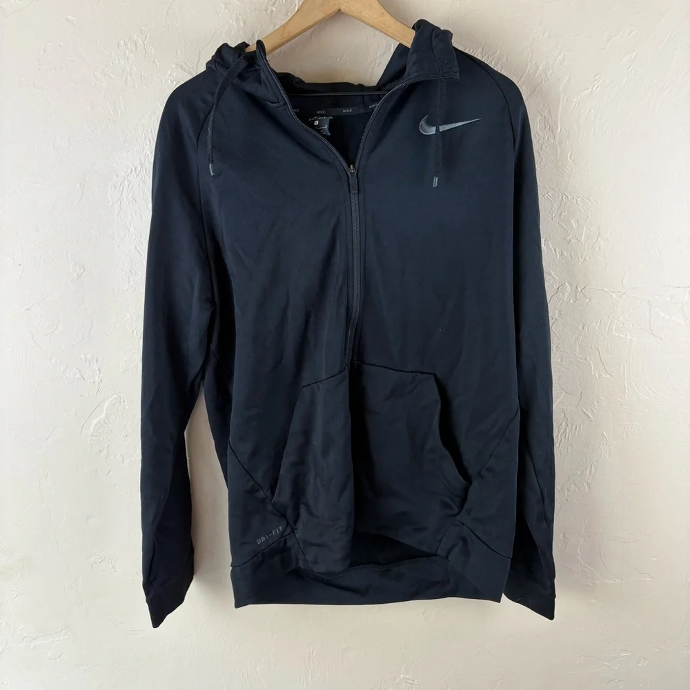 Nike Men's Black Zip-up Hoodie Jacket Dri-Fit Gray Logo Size Large
